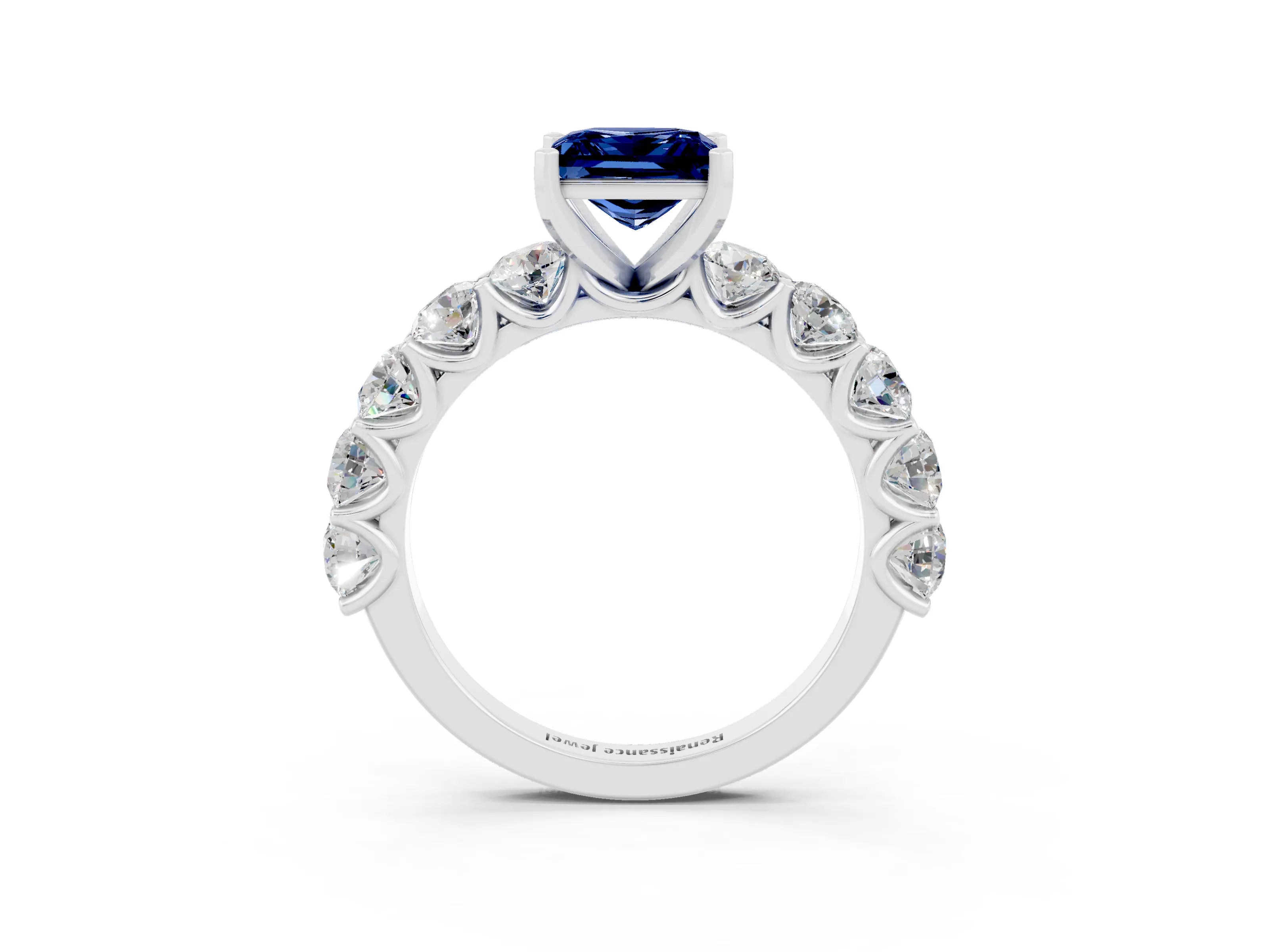 White gold Princess Cut Blue Sapphire Prong Setting with Side Stones on a Pave Band_3
