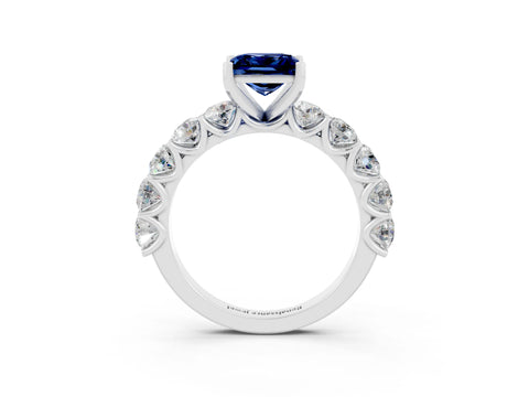 White gold Princess Cut Blue Sapphire Prong Setting with Side Stones on a Pave Band_3