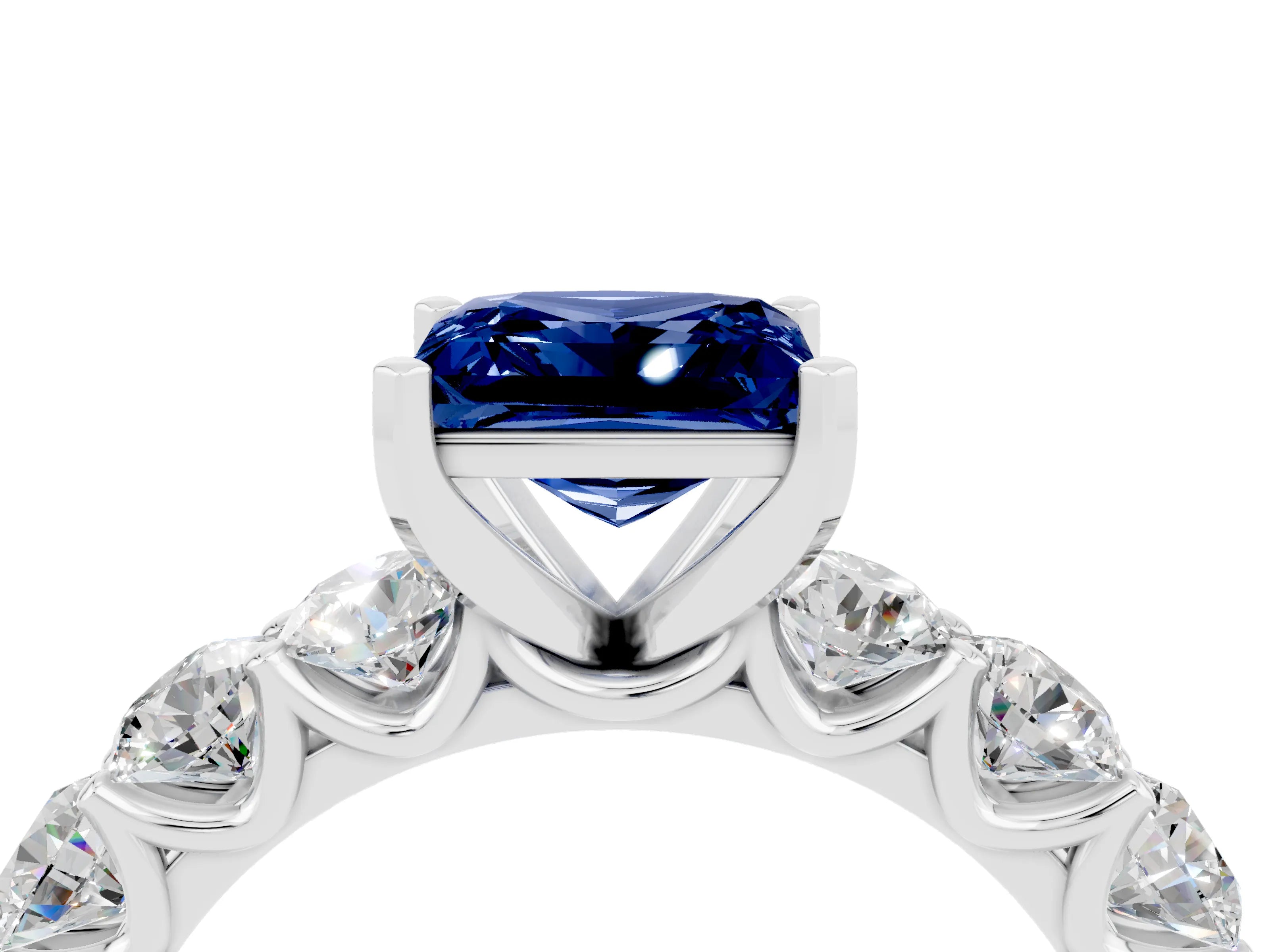 White gold Princess Cut Blue Sapphire Prong Setting with Side Stones on a Pave Band_4