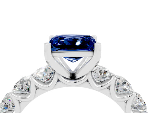 White gold Princess Cut Blue Sapphire Prong Setting with Side Stones on a Pave Band_4