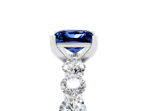 White gold Princess Cut Blue Sapphire Prong Setting with Side Stones on a Pave Band_5
