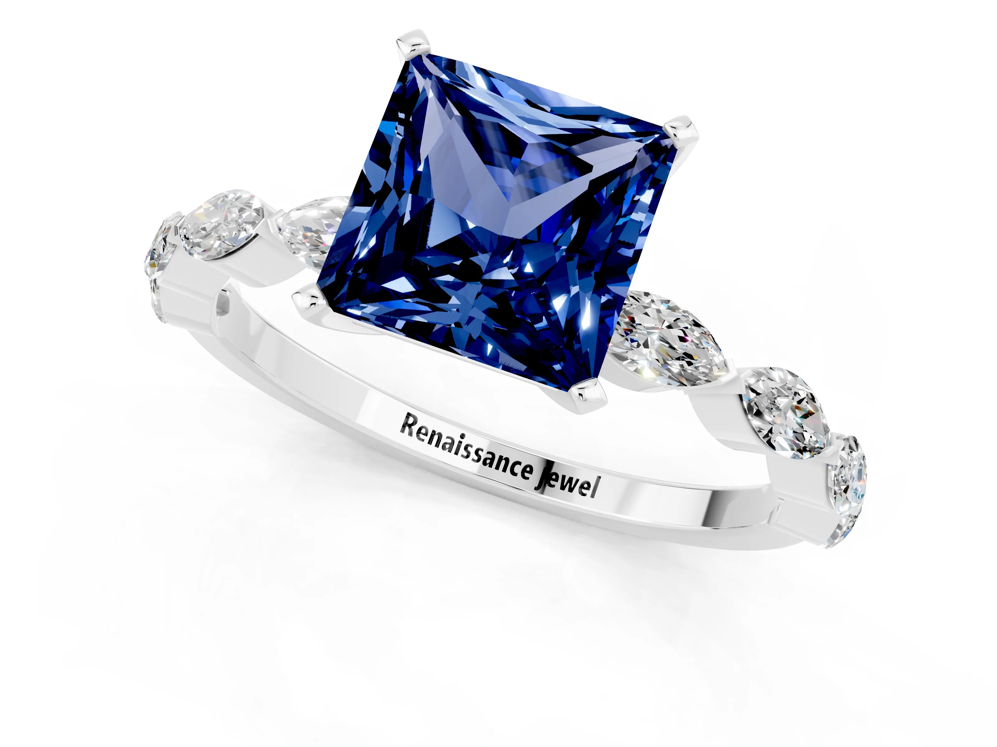 White gold Princess Cut Blue Sapphire Ring with Marquise Side Stones and Prong Setting_1
