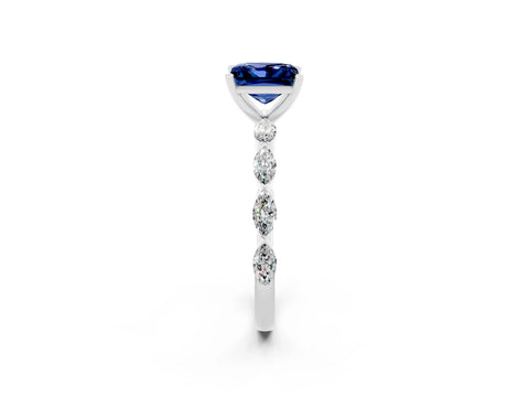 White gold Princess Cut Blue Sapphire Ring with Marquise Side Stones and Prong Setting_2