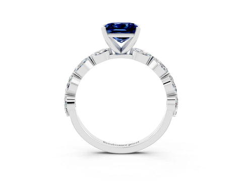White gold Princess Cut Blue Sapphire Ring with Marquise Side Stones and Prong Setting_3