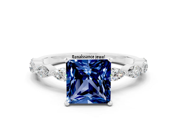 White gold Princess Cut Blue Sapphire Ring with Marquise Side Stones and Prong Setting