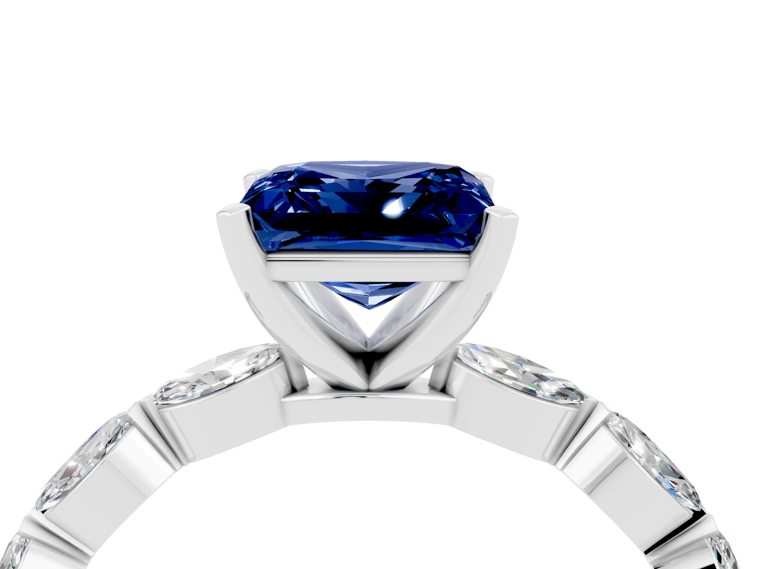 White gold Princess Cut Blue Sapphire Ring with Marquise Side Stones and Prong Setting_4
