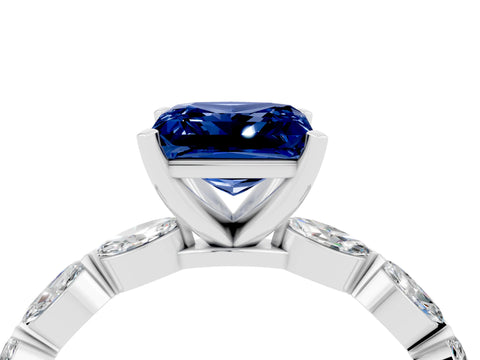 White gold Princess Cut Blue Sapphire Ring with Marquise Side Stones and Prong Setting_4