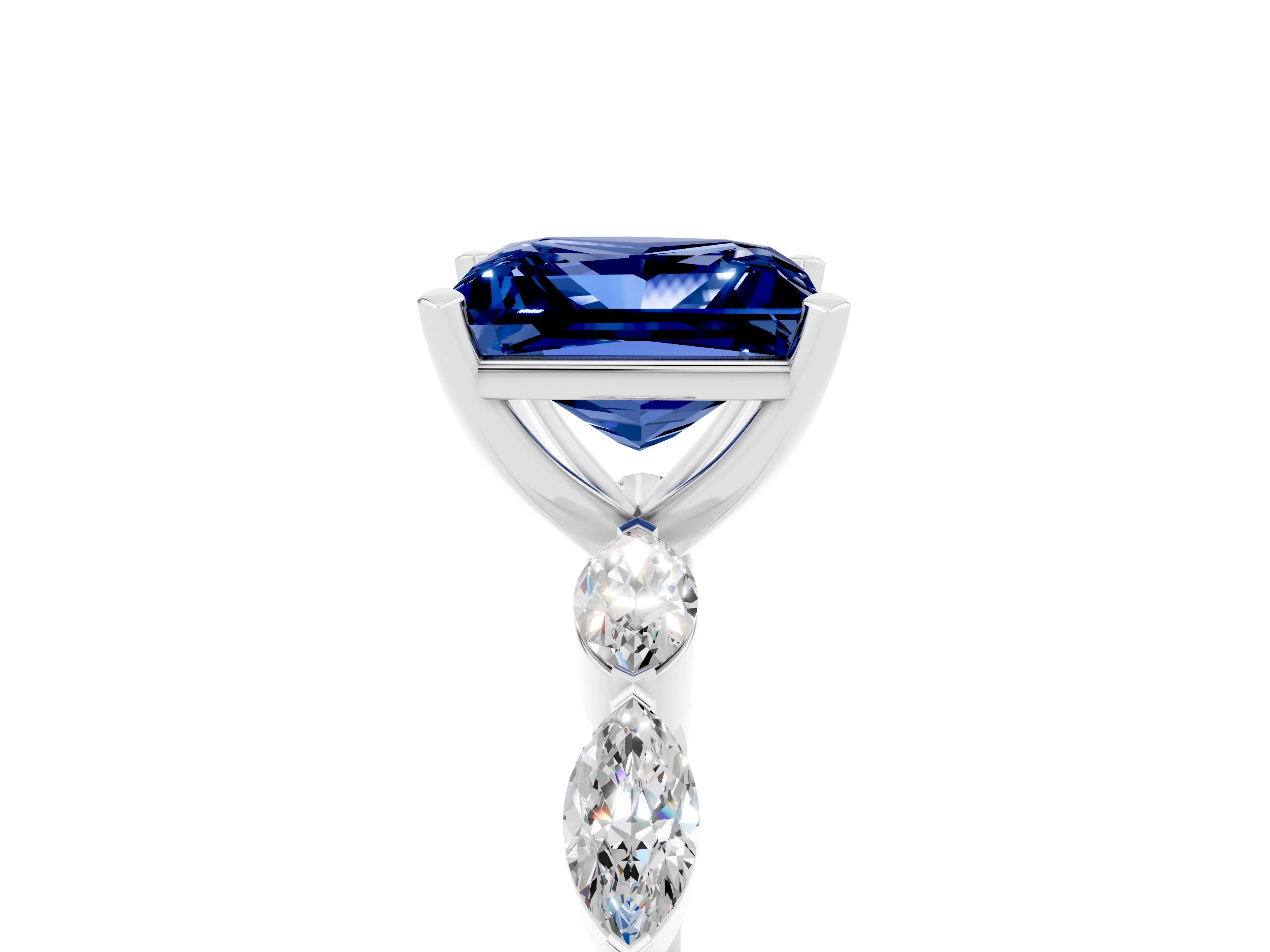 White gold Princess Cut Blue Sapphire Ring with Marquise Side Stones and Prong Setting_5