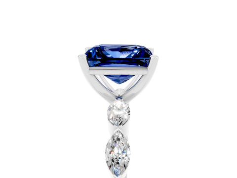 White gold Princess Cut Blue Sapphire Ring with Marquise Side Stones and Prong Setting_5