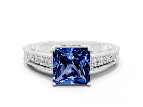 White gold Princess Cut Blue Sapphire Ring with Milgrain Pavé Band and Four-Prong Setting_12