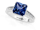 White gold Princess Cut Blue Sapphire Ring with Milgrain Pavé Band and Four-Prong Setting_13
