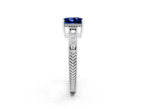 White gold Princess Cut Blue Sapphire Ring with Milgrain Pavé Band and Four-Prong Setting_14