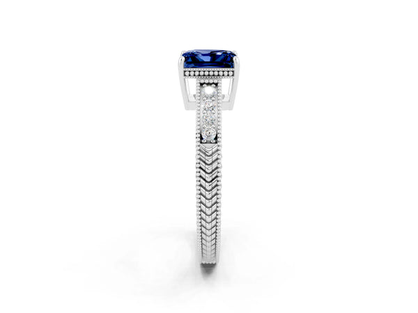 Silver Princess Cut Blue Sapphire Ring with Milgrain Pavé Band and Four-Prong Setting