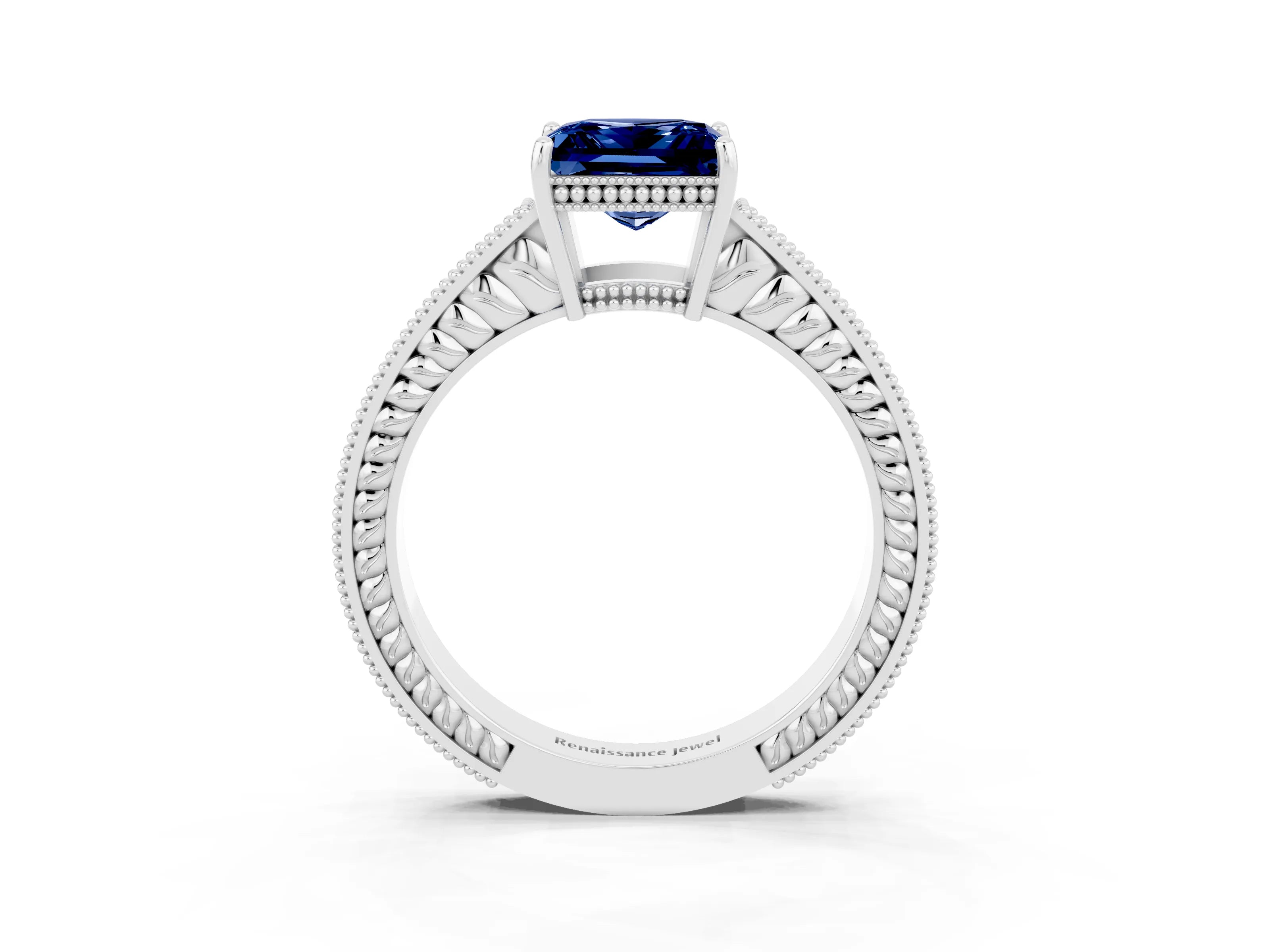 White gold Princess Cut Blue Sapphire Ring with Milgrain Pavé Band and Four-Prong Setting_15