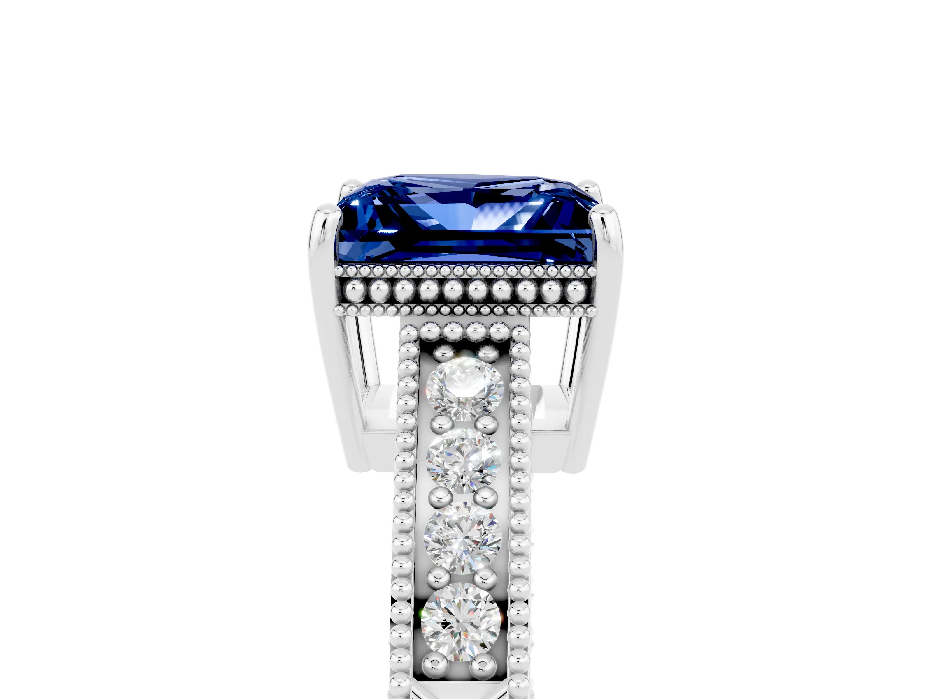 White gold Princess Cut Blue Sapphire Ring with Milgrain Pavé Band and Four-Prong Setting_17