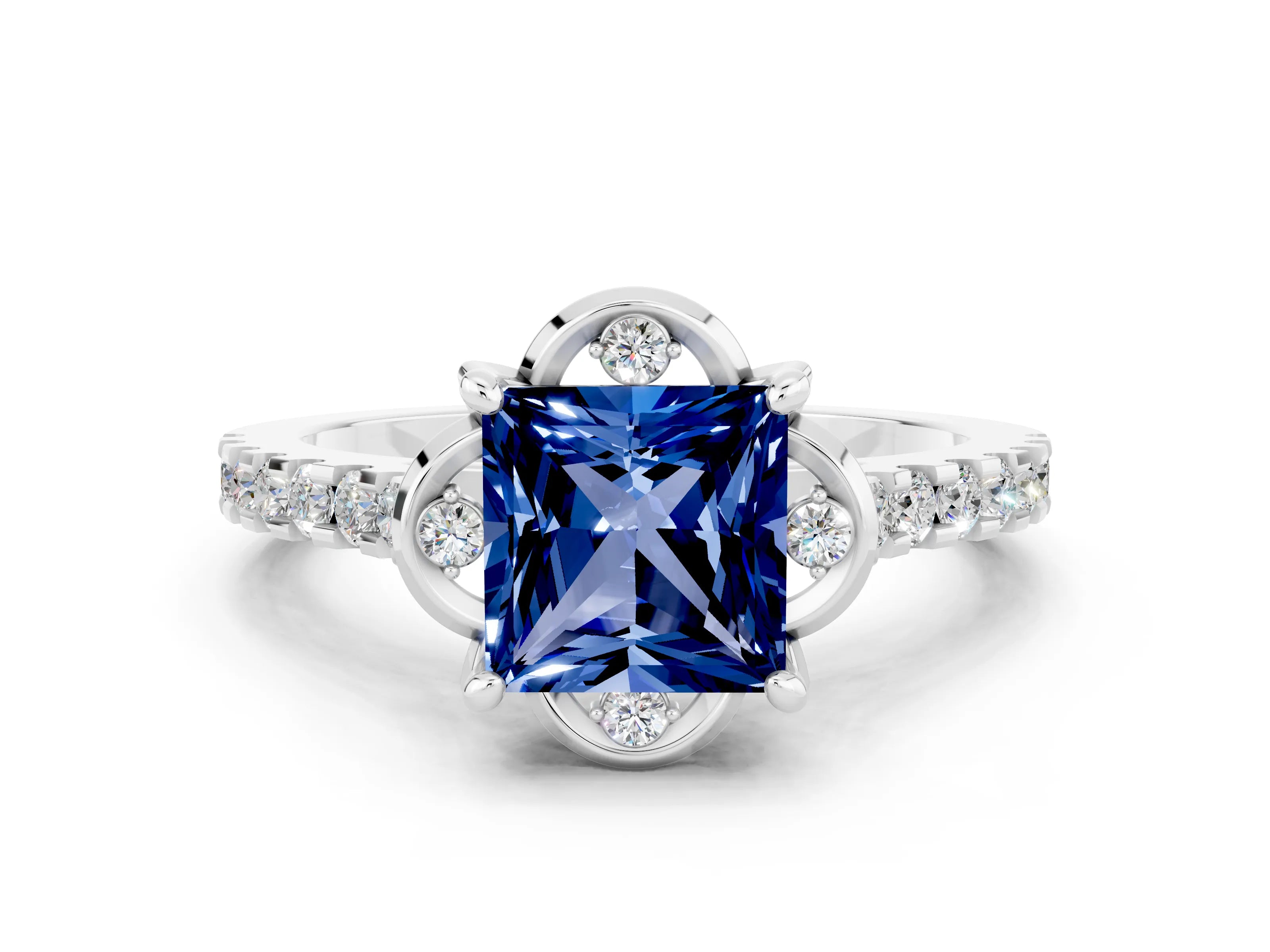 White gold Princess Cut Blue Sapphire Ring with Pavé Band and Floral Prong Setting