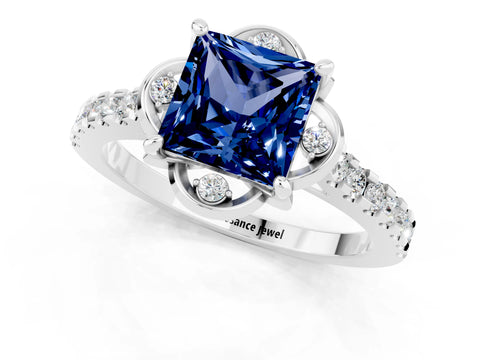White gold Princess Cut Blue Sapphire Ring with Pavé Band and Floral Prong Setting_1