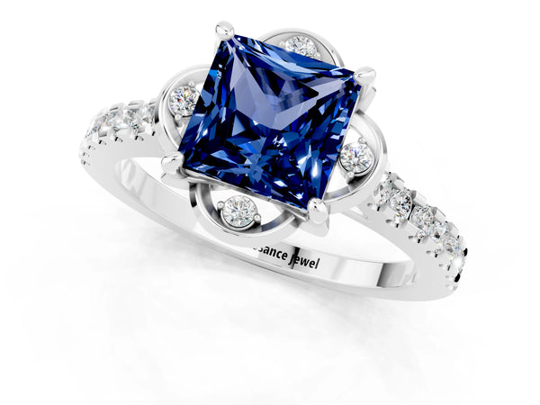 Silver Princess Cut Blue Sapphire Ring with Pavé Band and Floral Prong Setting