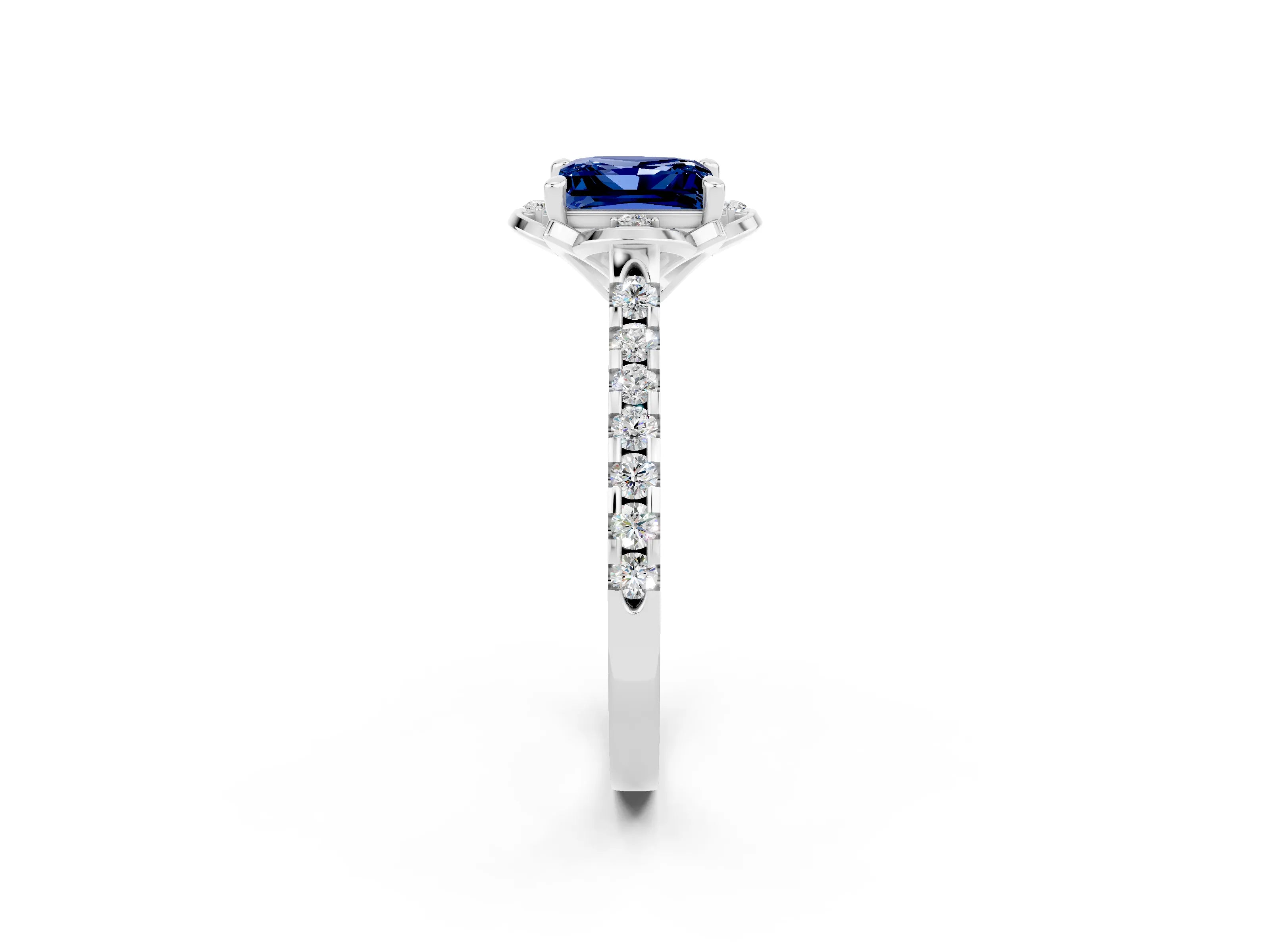White gold Princess Cut Blue Sapphire Ring with Pavé Band and Floral Prong Setting_2