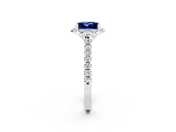 Silver Princess Cut Blue Sapphire Ring with Pavé Band and Floral Prong Setting