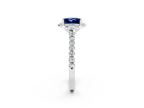 White gold Princess Cut Blue Sapphire Ring with Pavé Band and Floral Prong Setting_2