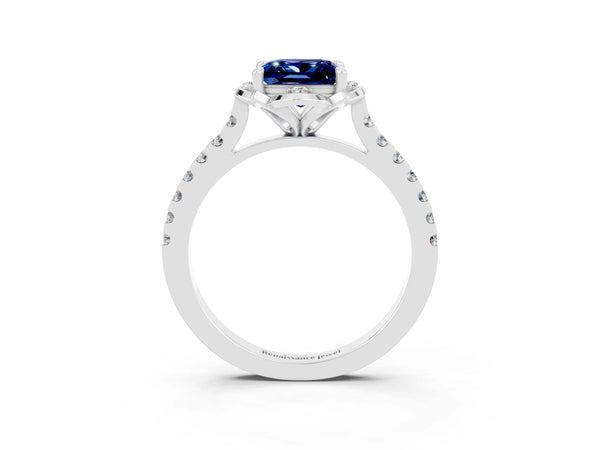 Platinum Princess Cut Blue Sapphire Ring with Pavé Band and Floral Prong Setting