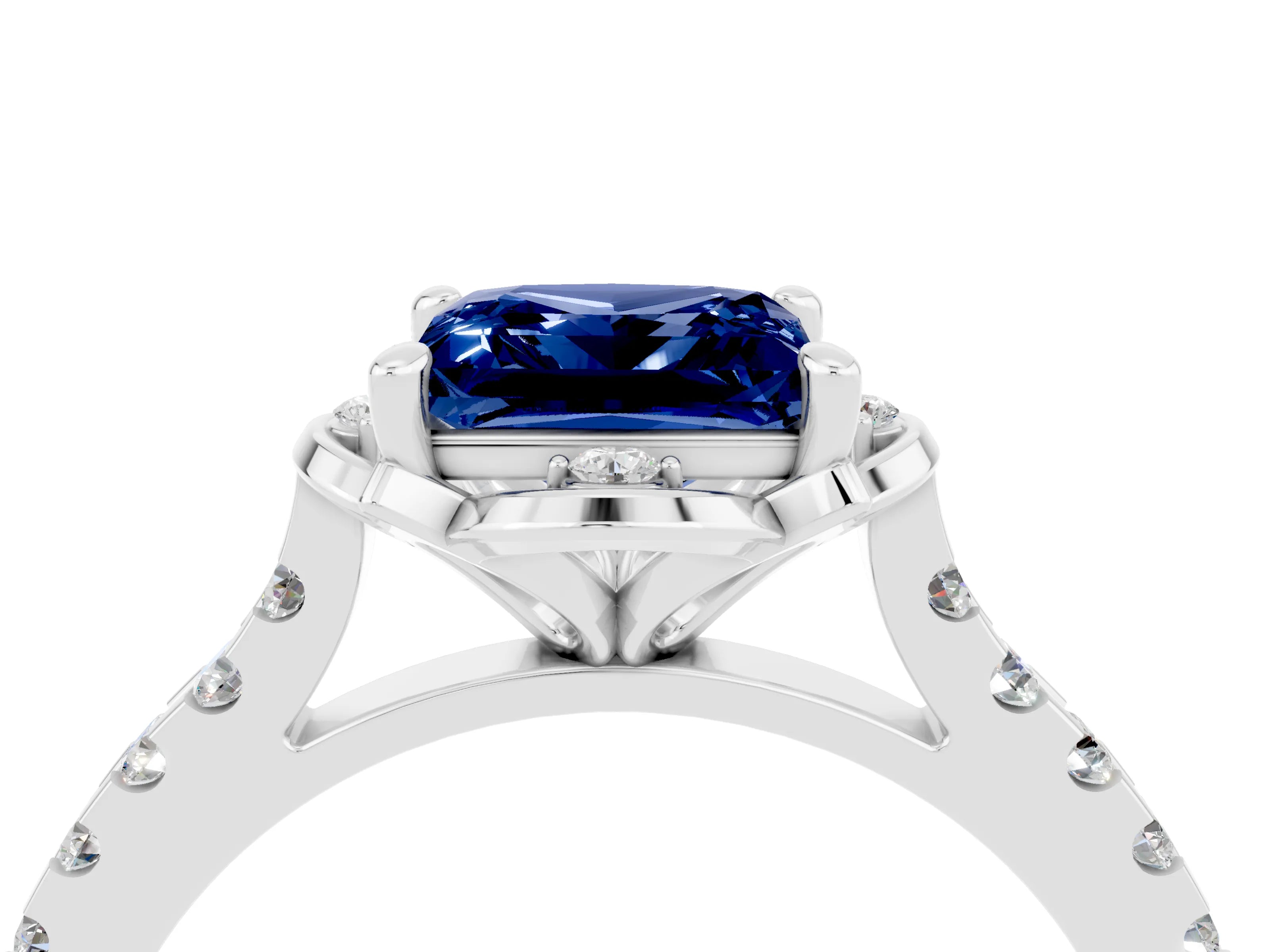 White gold Princess Cut Blue Sapphire Ring with Pavé Band and Floral Prong Setting_4