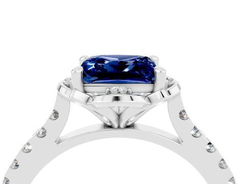 White gold Princess Cut Blue Sapphire Ring with Pavé Band and Floral Prong Setting_4