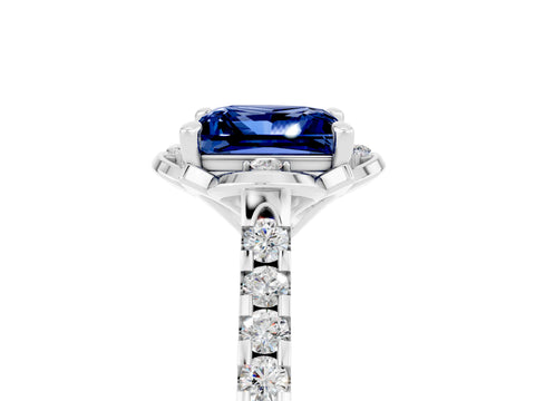 White gold Princess Cut Blue Sapphire Ring with Pavé Band and Floral Prong Setting_5