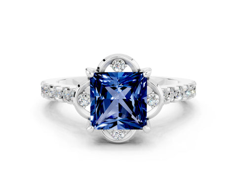 White gold Princess Cut Blue Sapphire Ring with Pavé Band and Floral Prong Setting