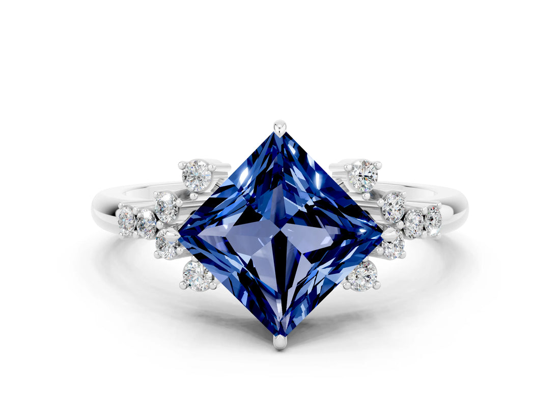 White gold Princess Cut Blue Sapphire Ring with Side Stones and Four-Prong Setting_36