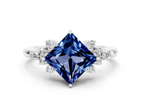 White gold Princess Cut Blue Sapphire Ring with Side Stones and Four-Prong Setting_36