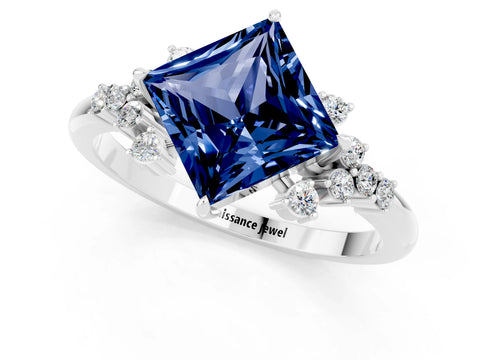 White gold Princess Cut Blue Sapphire Ring with Side Stones and Four-Prong Setting_37