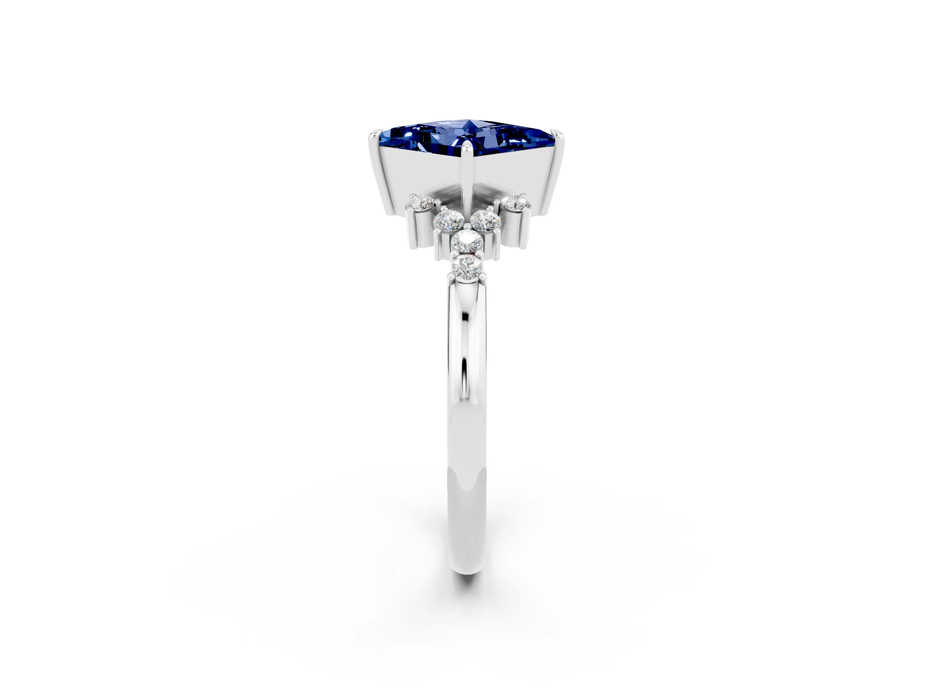 White gold Princess Cut Blue Sapphire Ring with Side Stones and Four-Prong Setting_38