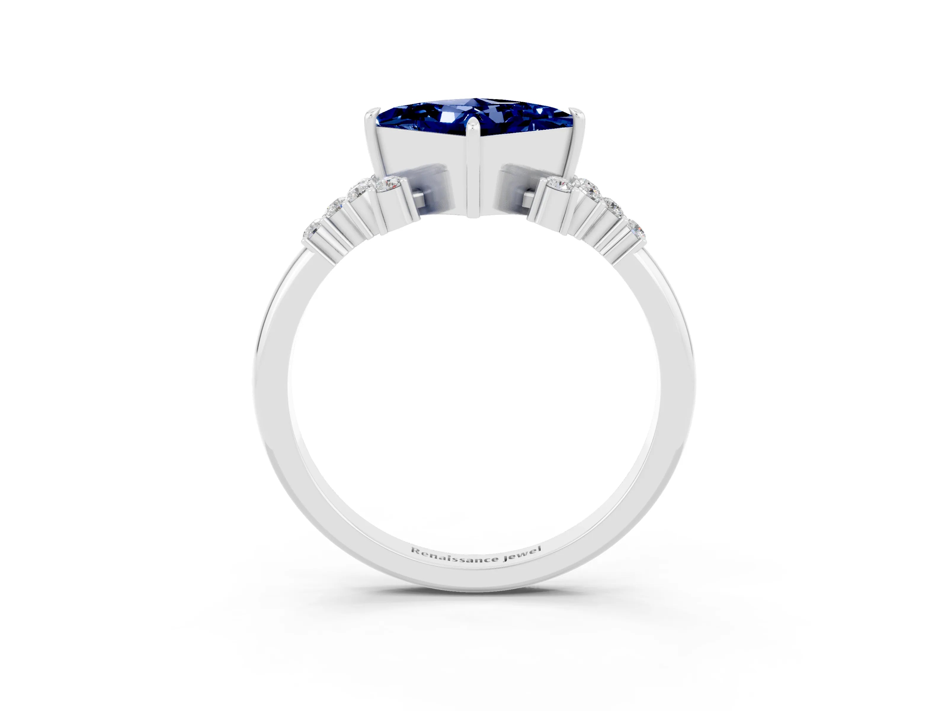 White gold Princess Cut Blue Sapphire Ring with Side Stones and Four-Prong Setting_39