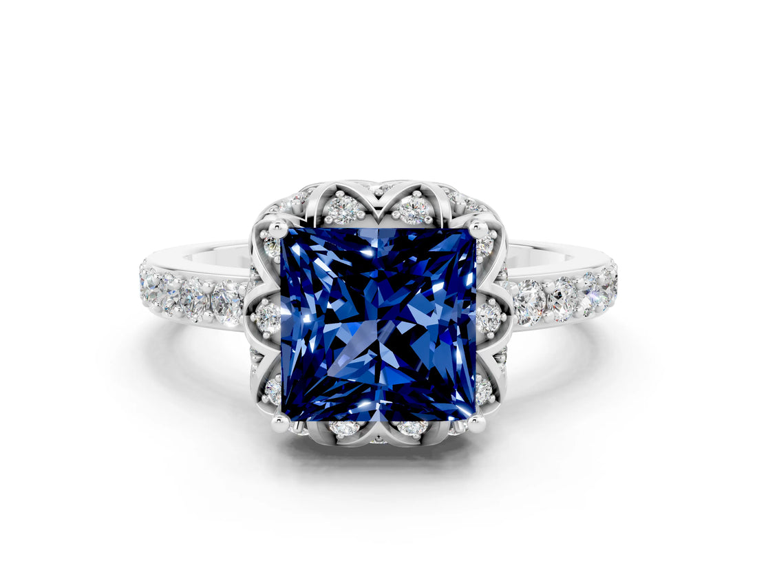 White gold Princess Cut Blue Sapphire Scalloped Halo Engagement Ring with Round Shared Prong Band_12