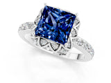 White gold Princess Cut Blue Sapphire Scalloped Halo Engagement Ring with Round Shared Prong Band_13