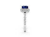 White gold Princess Cut Blue Sapphire Scalloped Halo Engagement Ring with Round Shared Prong Band_14