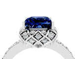 White gold Princess Cut Blue Sapphire Scalloped Halo Engagement Ring with Round Shared Prong Band_16