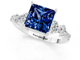 White gold Princess Cut Blue Sapphire Scattered Round Accent Ring with Prong Setting_43