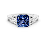 White gold Princess Cut Blue Sapphire Solitaire Celtic Knot Ring with Four-Prong Setting_12
