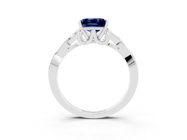 Silver Princess Cut Blue Sapphire Solitaire Celtic Knot Ring with Four-Prong Setting