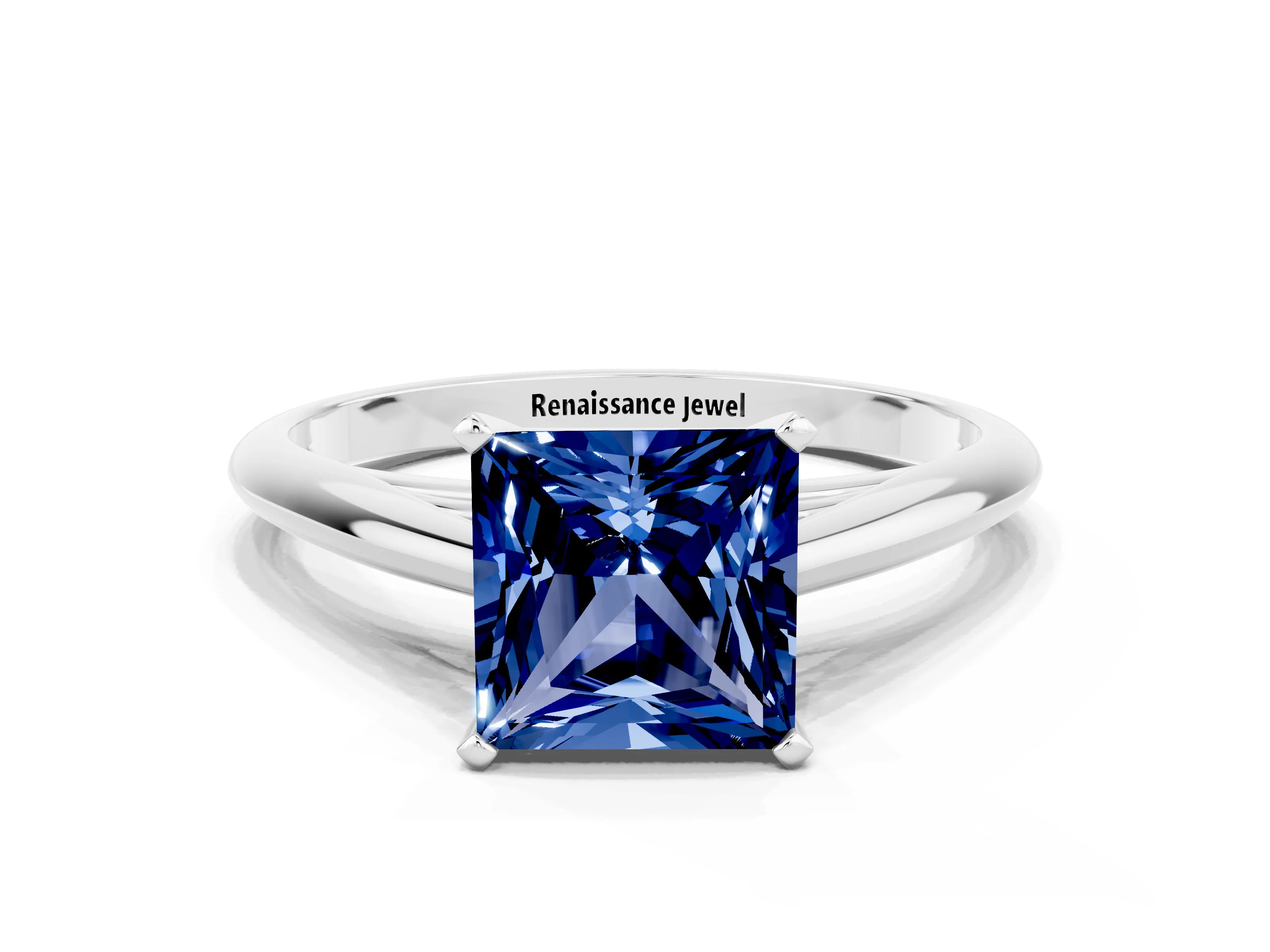 White gold Princess Cut Blue Sapphire Solitaire Engagement Ring with Cathedral Setting and Four-Prong Mount_12