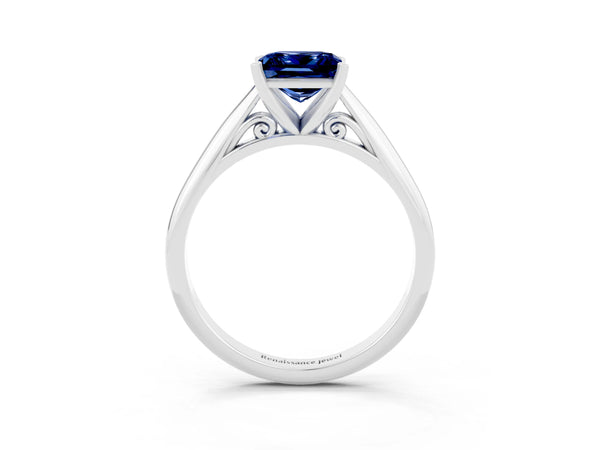 Silver Princess Cut Blue Sapphire Solitaire Engagement Ring with Cathedral Setting and Four-Prong Mount