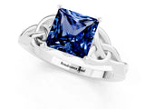 White gold Princess Cut Blue Sapphire Solitaire Engagement Ring with Celtic Knot Band and Four-Prong Setting_1