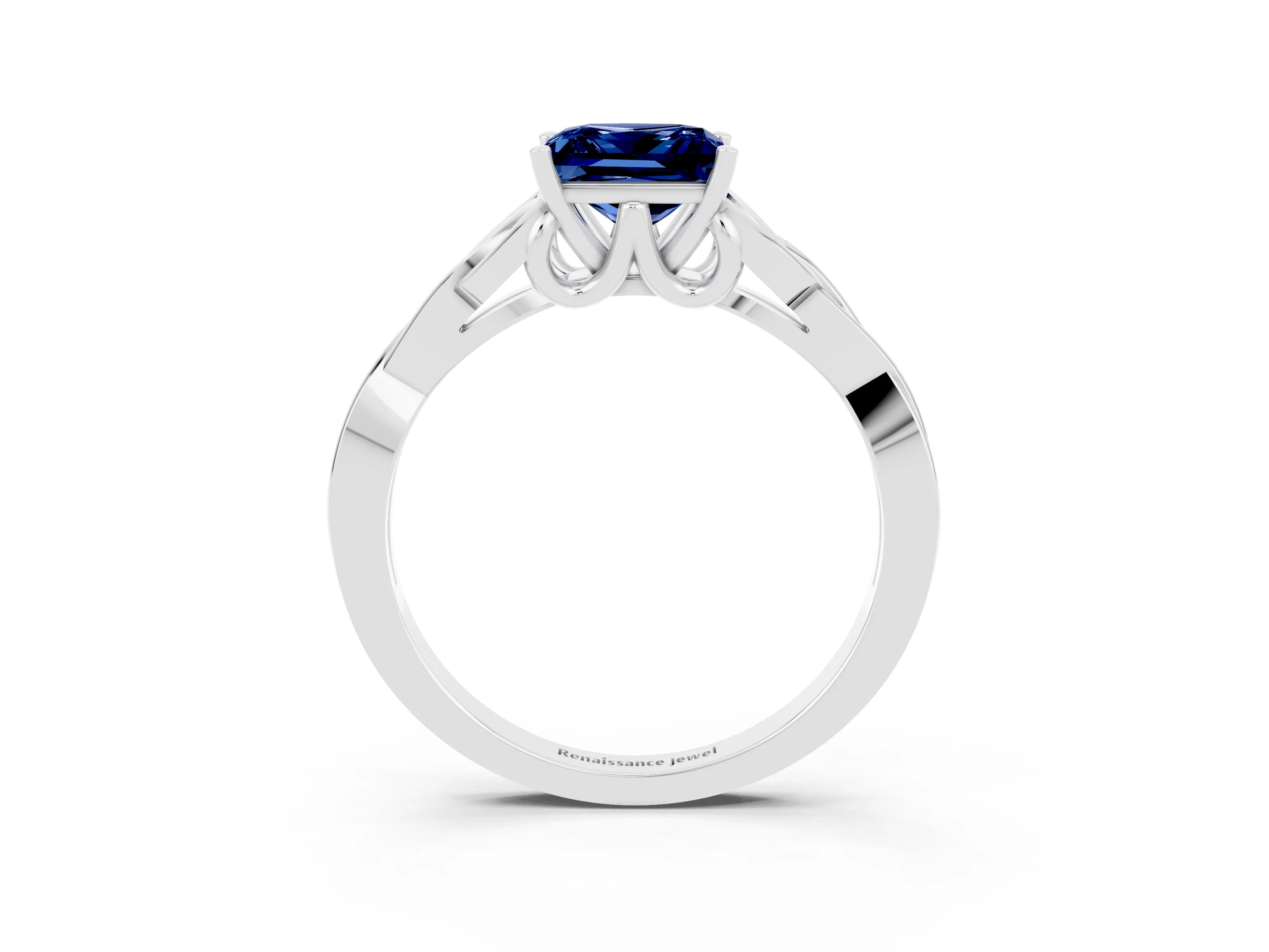 White gold Princess Cut Blue Sapphire Solitaire Engagement Ring with Celtic Knot Band and Four-Prong Setting_3