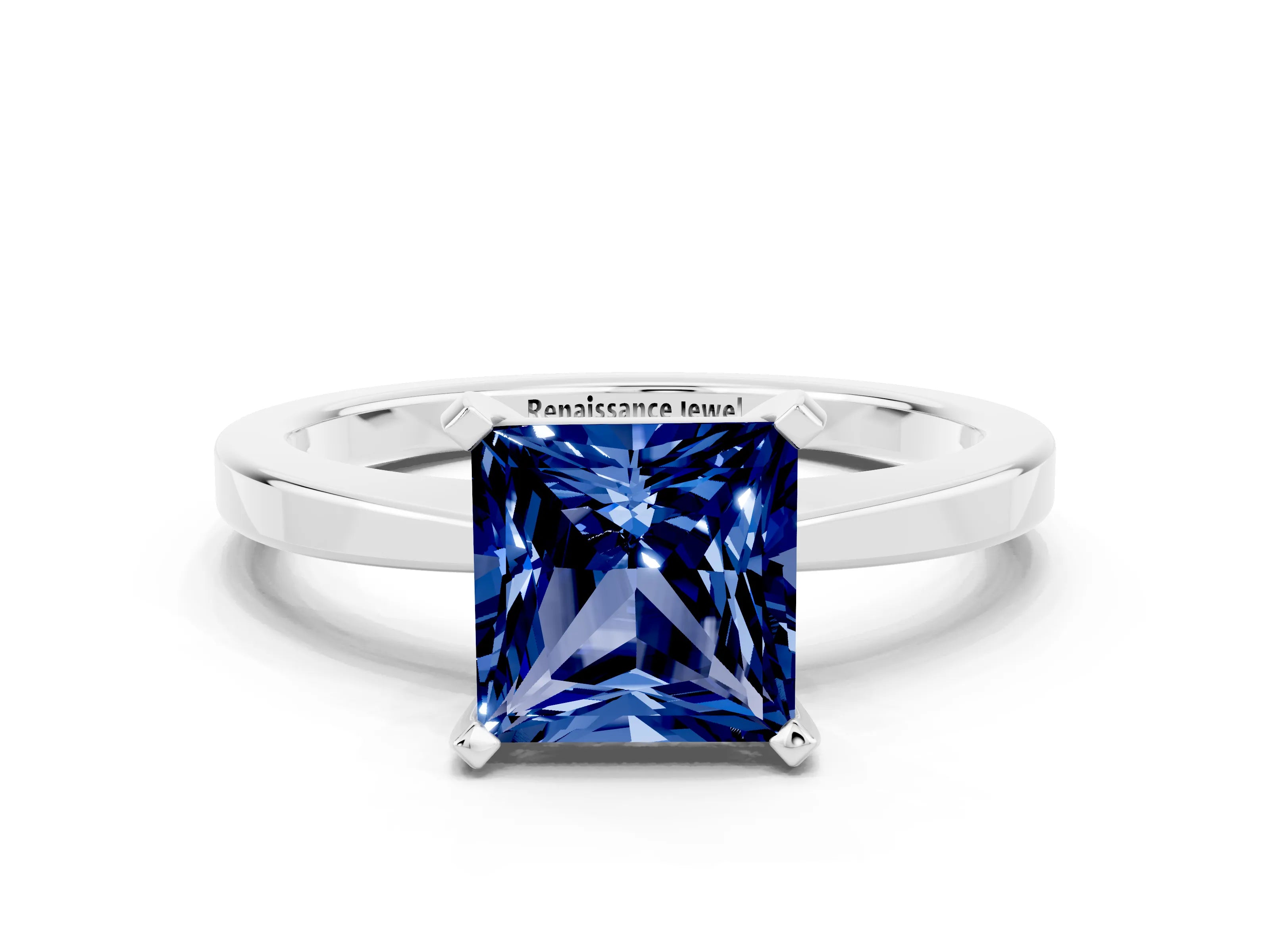 White gold Princess Cut Blue Sapphire Solitaire Engagement Ring with Classic Band and Four-Prong Setting_24