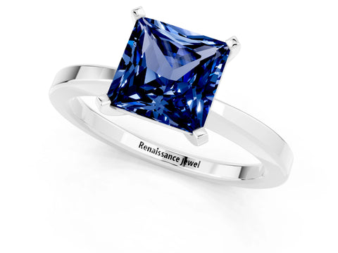 White gold Princess Cut Blue Sapphire Solitaire Engagement Ring with Classic Band and Four-Prong Setting_25