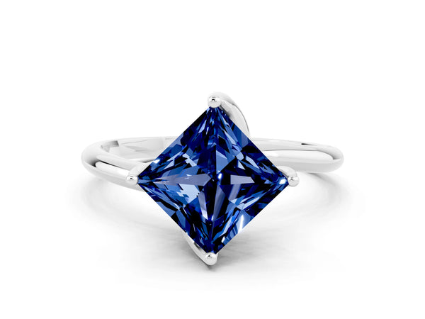 White gold Princess Cut Blue Sapphire Solitaire Engagement Ring with Four-Prong Setting and Classic Band