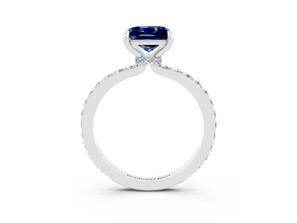 White gold Princess Cut Blue Sapphire Solitaire Engagement Ring with Pavé Band and Four-Prong Setting